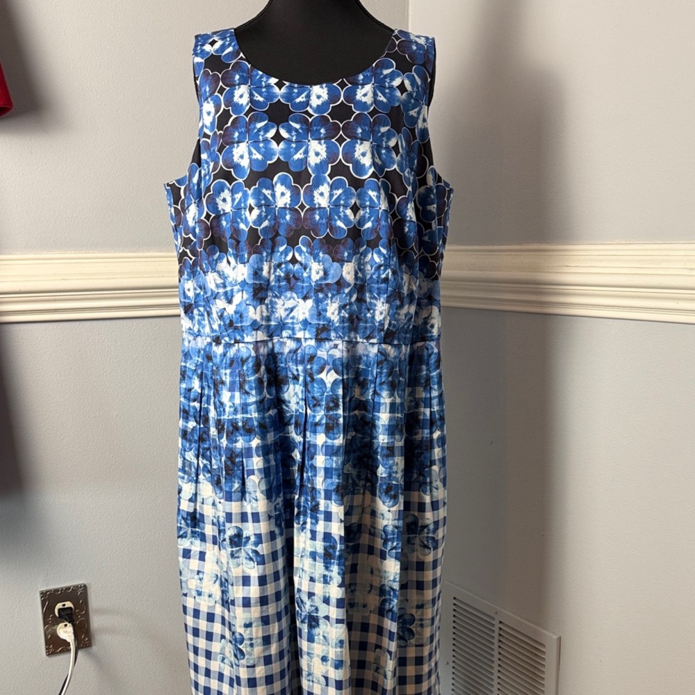 Talbots Blue & White Floral Gingham Sleeveless Maxi Dress